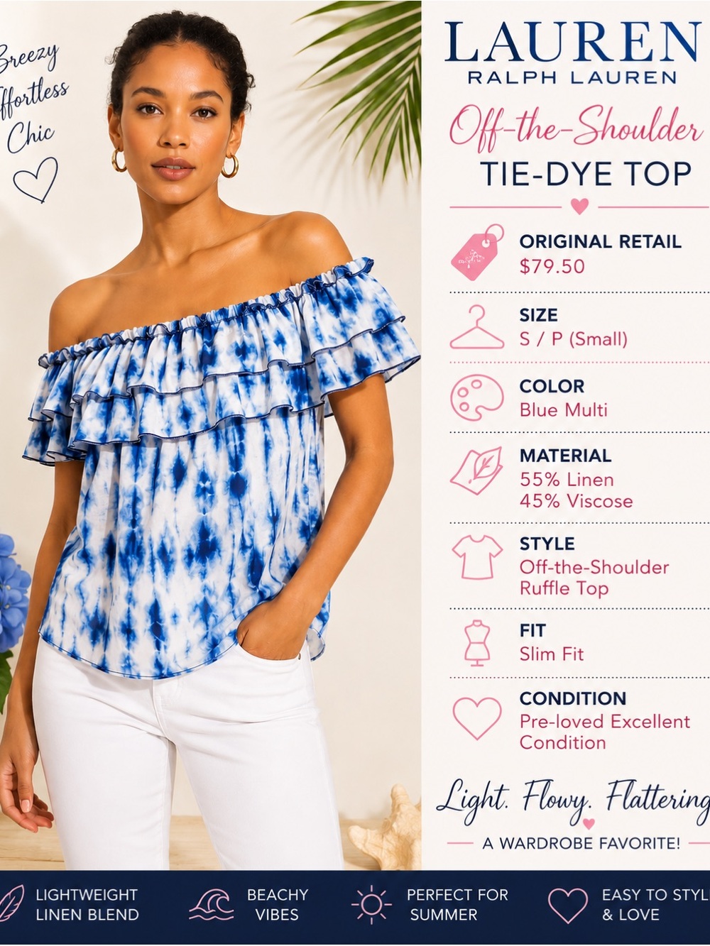 Lauren Ralph Lauren Blue White Off-the-Shoulder Tie-Dye Ruffle Top Size S